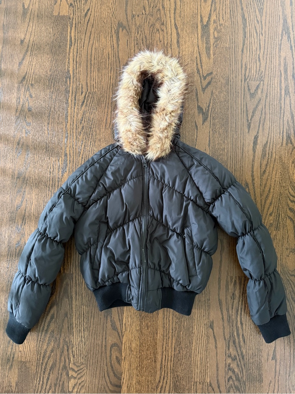 Women's Black Quilted Puffer Jacket with Faux Fur Trim Hood